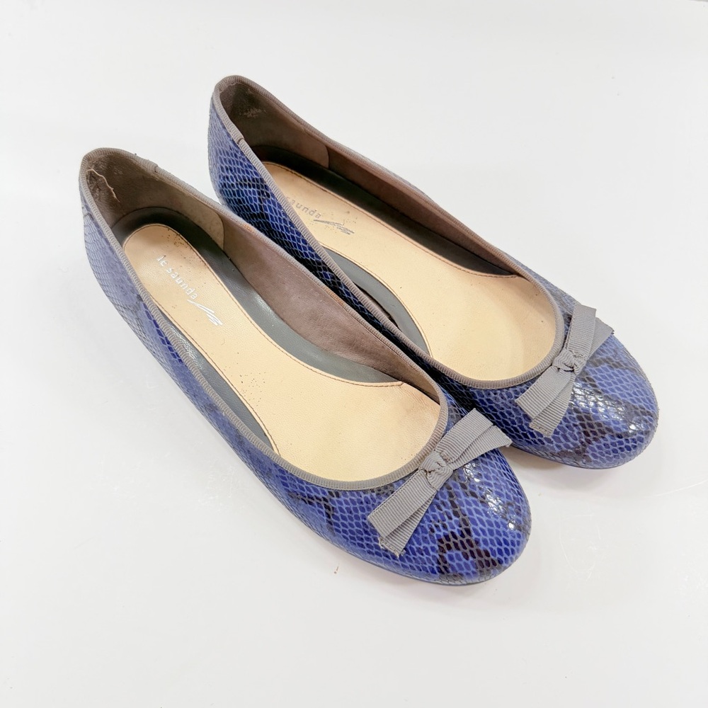 LE‎ SAUNDA Women’s Blue Snake Print Leather Ballet Flats Shoes Size 37, US 6.5